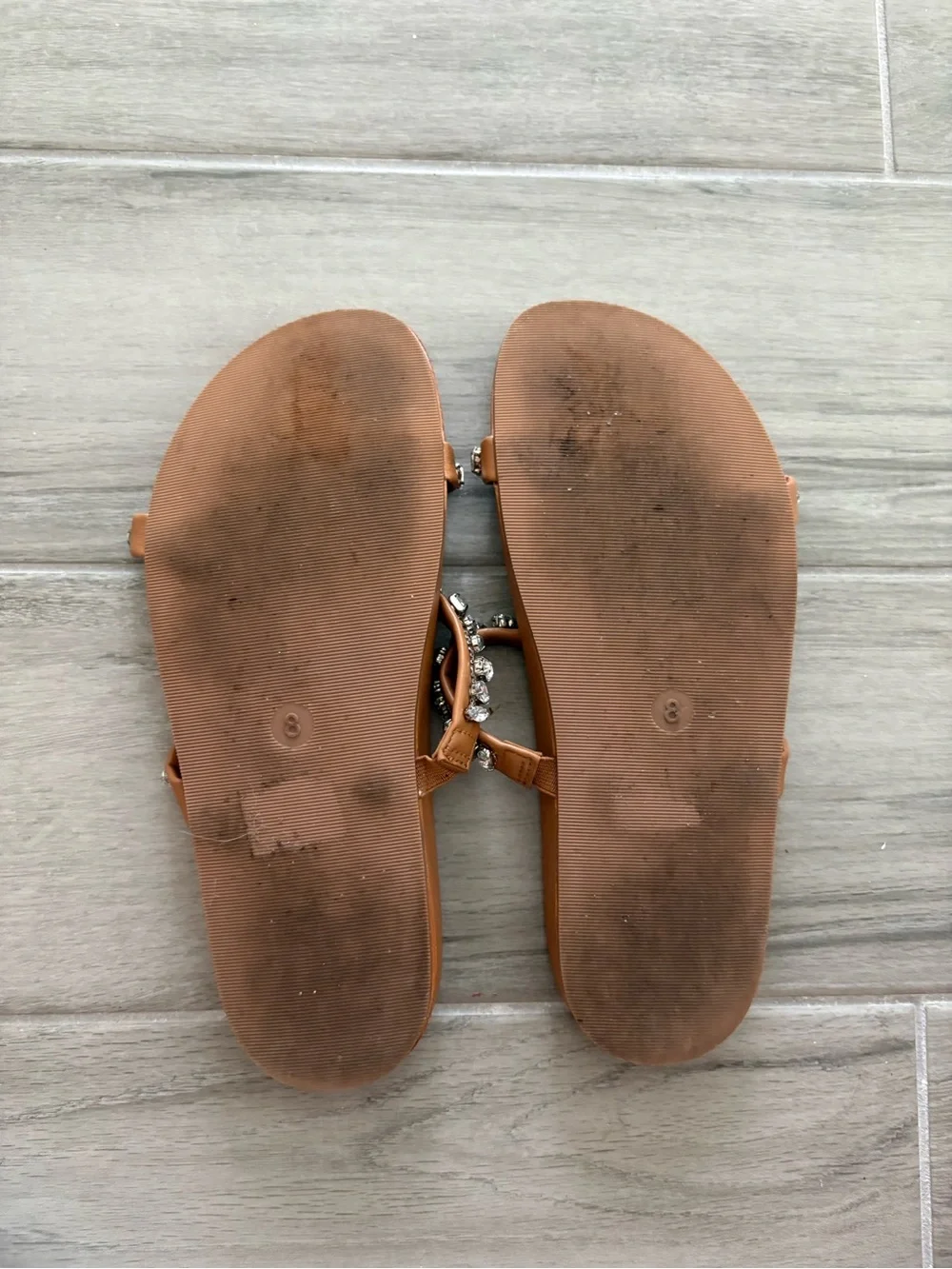 A New Day Jacky Embellished Sandals in tan with rhinestone accents